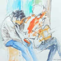 chris-gamble-WINTER-BUSKERS-acrylic-and-charcoal-43x43cm